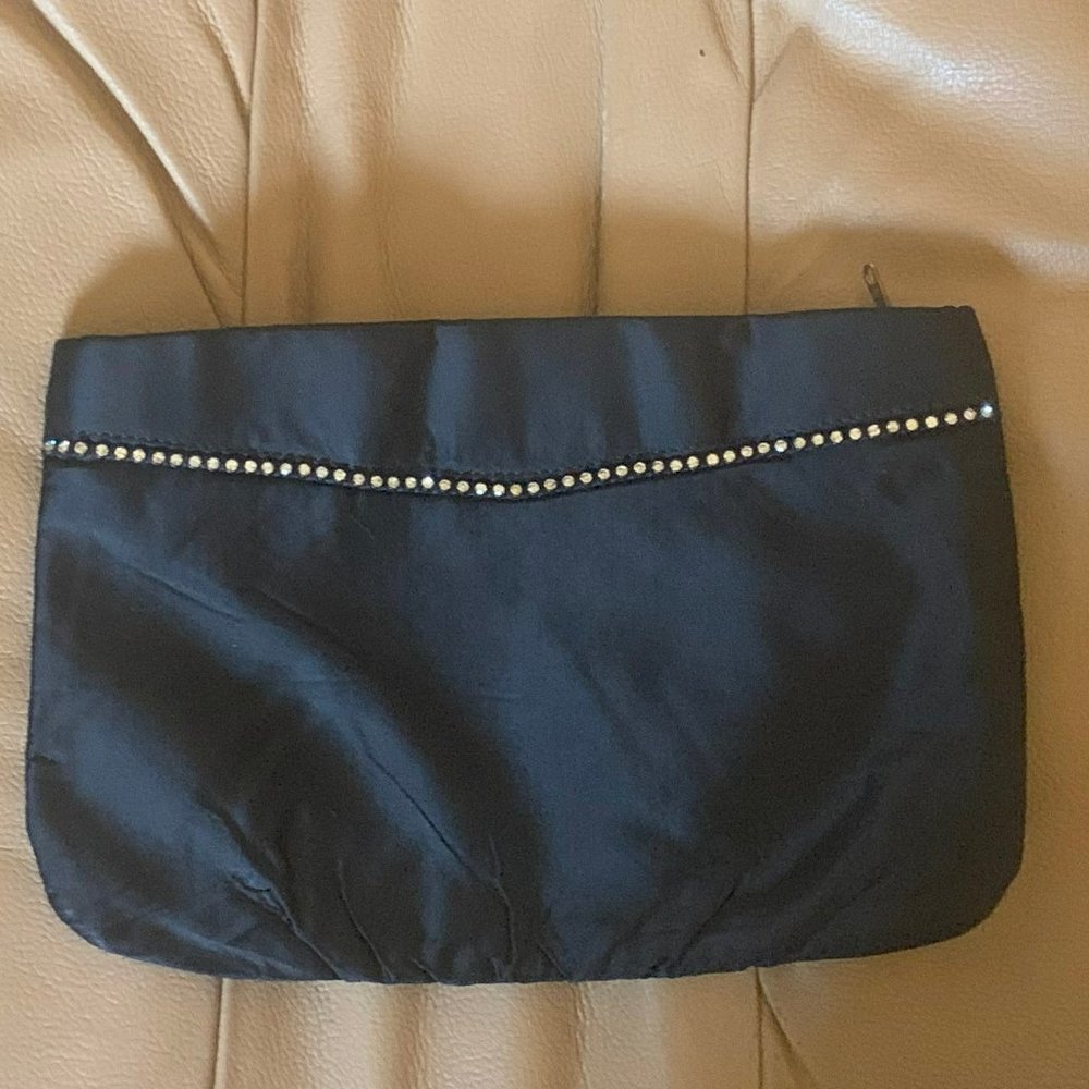 BLACK SATIN LIKE CLUTH EVENING CLUTCH WITH RHINESTONE ACCENTS, 10"X7"